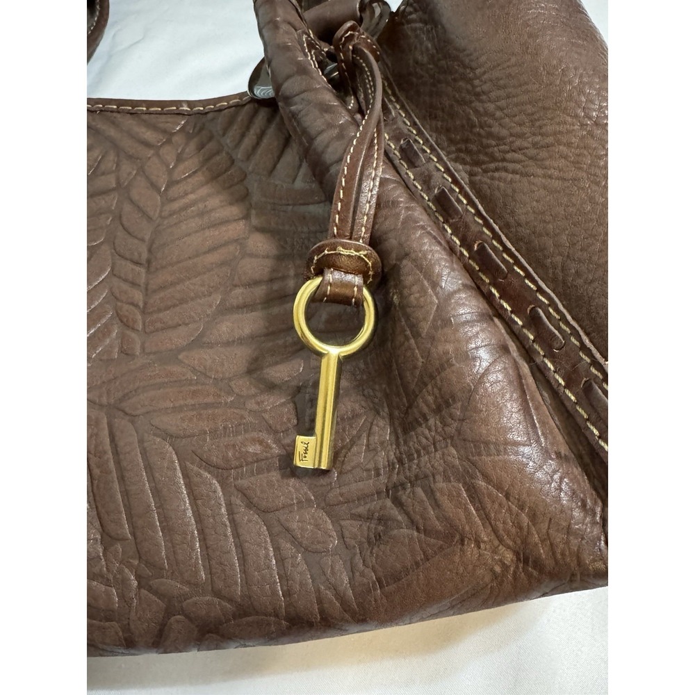 Fossil Brown Leather Embossed Palm Leaf Shoulder Handbag Purse Rustic Boho Chic - Picture 2 of 12